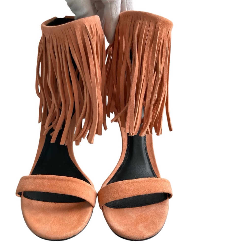 ELYSE WALKER | 'Alex' Apricot Suede Fringe Peep-Toe Stiletto Sandals 37.5 Spain